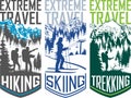 Set of vector hiking skiing trekking travel flayer illustration