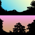 Set of vector hills and mountain landscape silhouette. Realistic trees, woods on hill silhouettes on night and evening Royalty Free Stock Photo