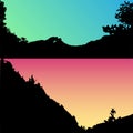 Set of vector hills and mountain landscape silhouette. Realistic trees, woods on hill silhouettes on night and evening Royalty Free Stock Photo