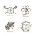 Set of vector honey label, logo, tag, sticker design elements. Bee, hive, honeycombs