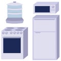 Set of vector household appliances. Fridge and freezer. Electric cooker, microwave and double boiler. Blue interior design for the