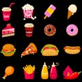 Set of vector icon illustration of fast food with pop corn, ice cream,hot, spice, burger, hot dog Royalty Free Stock Photo