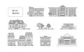 Set of vector icons of buildings, cafes, school, house, shop, supermarket, Park