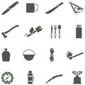 Set of vector icons with camping equipment and acc
