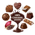 Set of vector icons of chocolate desserts and candies, liquid chocolate and cocoa beans Royalty Free Stock Photo