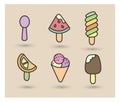 Set of vector icons, chocolate ice cream, spoon, topping