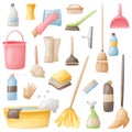Set of vector icons of house cleaning, washing and freshness. Cartoon bottles of detergent, mops, washcloths, sponges and rags