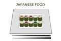 A set of vector icons of delicious colored sushi rolls. Traditional Japanese cuisine. Asian seafood group. Flat style