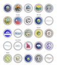 Set of vector icons. Flags and seals of Idaho, Montana and Wyoming states, USA.