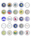 Set of vector icons. Flags and seals of Idaho, Montana and Wyoming states, USA