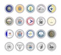 Set of vector icons. Flags and seals of New Hampshire and New Jersey states, USA.