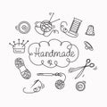 Set of vector icons. Handmade. Doodle style. Items and tools for sewing and needlework. Royalty Free Stock Photo