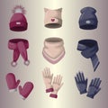 Set of vector icons of hats, scarves, gloves and mittens. Winter accessories on an isolated background. Purple, dairy