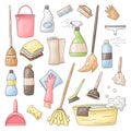 Set of vector icons of house cleaning, washing and freshness. Cartoon bottles of detergent, mops, washcloths, sponges and rags