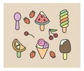 Set of vector icons: ice cream, strawberry, cherry, decoration, toping, watermelon, spoon