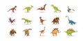 A set of vector icons of illustrations of dinosaur animals. Flat illustration of 15 types of Jurassic reptiles. Illustrations of a Royalty Free Stock Photo