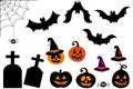 Set of vector icons and images of bats and pumpkins with hat