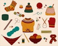 Set of vector icons for knitting and crochet yarn, needles, socks, sweater, hook etc. Royalty Free Stock Photo