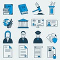 Set of 16 vector icons of law and jusrtice related items. It represents constitutional rights, court, justice, work of judges,