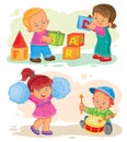 Set of vector icons little children playing with toys