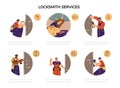 A set of vector icons for locksmith service: professional craftsmen, tools, locks and door hinge Royalty Free Stock Photo
