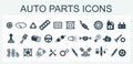 A set of vector icons and logos with car parts, batteries, transmissions, electrical equipment, engines and other special equipmen