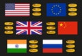 Set of vector icons of major world currencies with country flags in gold tones Royalty Free Stock Photo