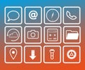 Set of vector icons phone, smartphone, email, message, location, calculator, settings, compass, camera. Flat outline icons in
