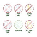 Set of icons: Egg free, Dairy free, Gluten free, sugal free, Vegeterian, No trans fat. Royalty Free Stock Photo
