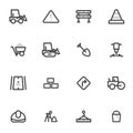 Set of vector icons of road equipment, construction and repair of roads on a light background