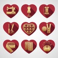 Set of vector icons sewing tools. Gold sewing supplies in a frame in the shape of a red heart