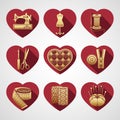 Set of vector icons sewing tools. Gold sewing supplies in a frame in the shape of a red heart Royalty Free Stock Photo