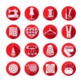 Set of vector icons sewing tools. White sewing supplies in a round red frame Royalty Free Stock Photo