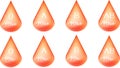 Vector icons in shape of transparent or glass blood drops with blood group type and Rh factor.