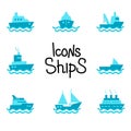 Set of vector icons with ships. Royalty Free Stock Photo