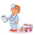 Set vector icons of small child doctor and his toy ambulance Royalty Free Stock Photo