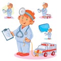 Set vector icons of small child doctor and his toy ambulance