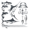 Set vector icons on the theme of fishing Royalty Free Stock Photo