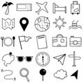 a set of vector images on the theme of travel, including many icons. airplane, palm tree, signpost, marks, ticket and much more