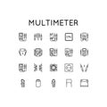 Set of vector icons on topic of a measuring device. Presented digital and analog multimeter, probes, processor