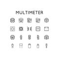 Set of vector icons on topic of a measuring device. Presented digital and analog multimeter, probes, processor