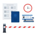 Set vector icons tram equipment and driver and passenger documents in flat design.