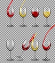 Set of vector illusions of transparent glass glasses with red and white wine. Royalty Free Stock Photo