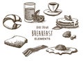 Set of vector illustraion hand draw breakfast elements created with line technique