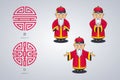 Set of vector illustration Asian old man in national clothes in different poses. Ancient symbol of longevity and wealth. Royalty Free Stock Photo