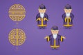 Set of vector illustration Asian old man in national clothes in different poses. Ancient symbol of longevity and wealth.