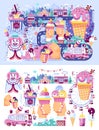 Set vector illustration business selling different kinds ice cream sale food with machine, meal on wheels clown