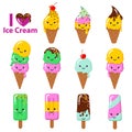 Set of Vector illustration of cartoon funny ice creams with happy smiling faces