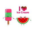Set of Vector illustration of cartoon funny ice creams and watermelon Royalty Free Stock Photo
