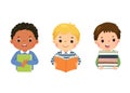 Set of vector illustration cartoon of little boys with books. Book lover concept Royalty Free Stock Photo